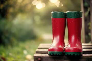 Pair of vibrant red rain boots resting on rustic wooden planks.
