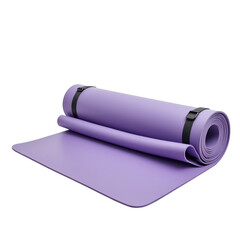 Rolled purple yoga mat on white background.
