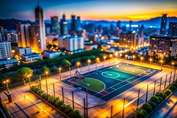 Obraz premium Miniature Basketball Court, Tilt-Shift Cityscape Background, NBA-Style Game