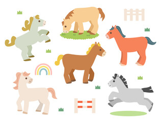 いろいろな動きをする可愛い馬のイラストのセット