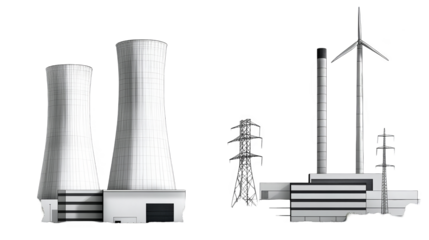 Illustration Of Industrial Power Plant With Cooling Towers And Wind Turbine