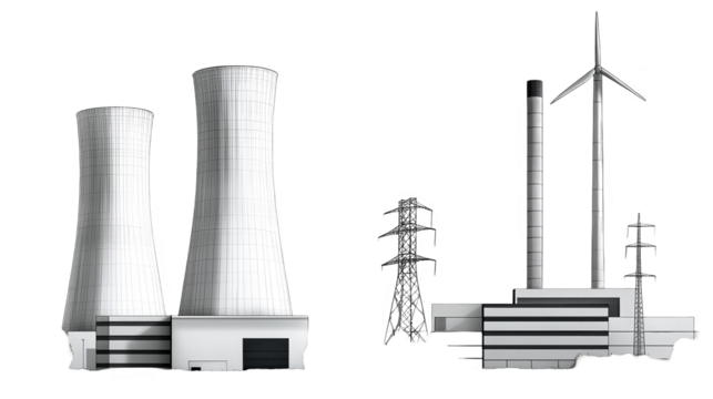 Illustration Of Industrial Power Plant With Cooling Towers And Wind Turbine