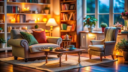 Miniature Cozy Living Room Interior Design Mockup, Tilt-Shift Photography