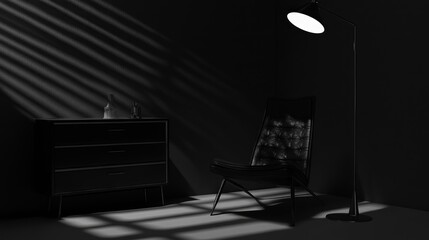 Dark, shadowy room with furniture illuminated by sunlight.