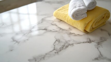 Anonymous housekeeper cleaning white marble countertop in hotel bathroom, clean and calm atmosphere