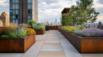 Obraz premium Architecturally designed rooftop garden using rust-colored steel planters for herbs, fruit crops, and decorative blooms