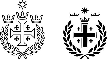 Medieval Jerusalem Cross Emblem with Crowns and Laurel, Sacred Victory Design