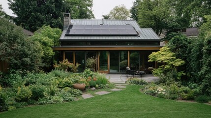Beautiful eco-conscious house with solar roof, vibrant native plant garden, and open windows for natural ventilation and light