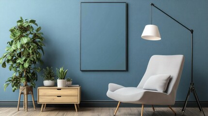 Modern living room with a soothing blue accent wall.