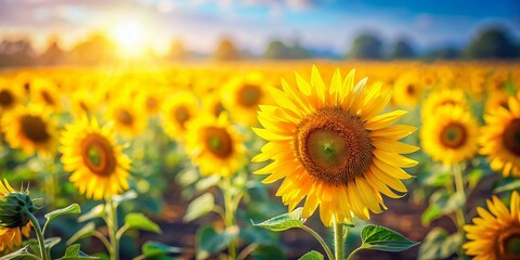 Fototapeta premium Miniature Spring Sunflower Field, Vibrant Yellow Blossoms, Tilt-Shift Photography