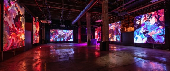 Naklejka premium Vibrant projection mapping adorns a warehouse-style nightclub's walls with avant-garde lighting art installations blur overhead.