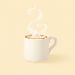 Steaming Latte in White Mug, Beige Background
