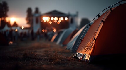 Tents glowing in the evening at a music festival