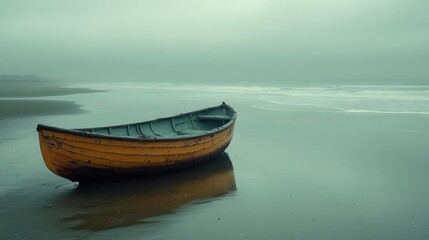 Naklejka premium Misty beach scene with a lone yellow boat