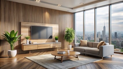 Minimalist Living Room Interior with Empty Poster Mockup & Skyline View - Modern Home Design