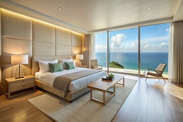 Minimalist Modern Hotel Suite Bedroom with Ocean View Large Windows