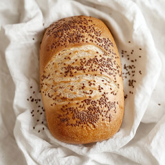 Freshly baked flaxseed bread loaf with seeds