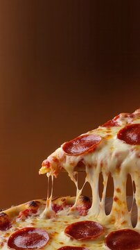 Melted cheese stretches from a delicious pepperoni pizza slice against a dark, warm background. A tempting close-up of comfort food