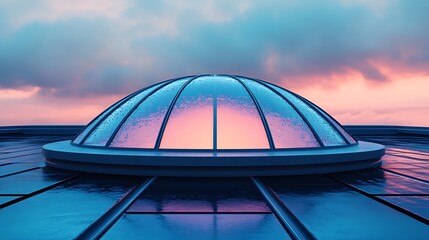 Modern dome skylight rooftop at sunset