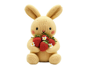 Cute Handcrafted Bunny Holding Strawberries on Transparent Background
