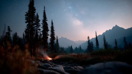 Starry night in the forested mountain wilderness