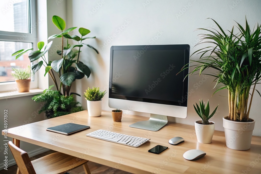 Poster minimalist web developer workspace: clean desk, modern tech