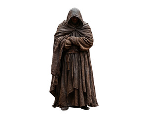 Naklejka premium Mysterious Cloaked Figure with Hooded Robe on Transparent Background
