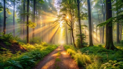 Obraz premium Misty Morning Forest Path, Low Light Nature Photography