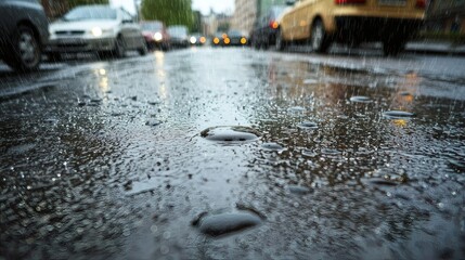 Rainy Street Scene with Puddles and Blurred Car Lights