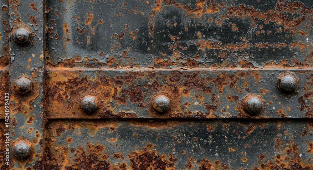 Poster close up of a rusted metal sheet with rivets showing age and wear
