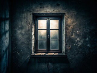 Mysterious Black Window at Night - Dark Room Interior Stock Photo