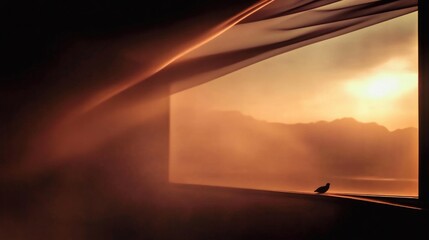 Sunrise view through a window, shrouded in mist