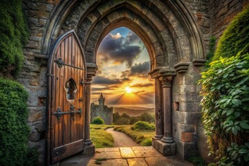 Obraz premium Mysterious Keyhole in Ancient Stone Cathedral Gateway - Unlocking Secrets of Faith