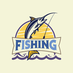 Vintage Style Fishing Logo with Marlin and Sunset Illustration

