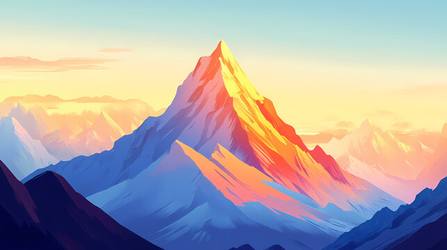 Majestic snow-capped peak at sunset, bathed in golden light. ideal for projects conveying achievement, aspiration, or spiritual themes. Divine Apex. Illustration