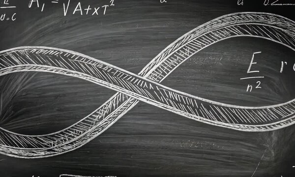 Chalkboard with infinity symbol and mathematical equations, physics concepts