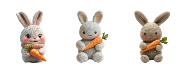 Adorable Bunny Characters with Carrots on Transparent Background