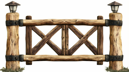 Fototapeta premium Rustic wooden log gate die cut png style isolated on white and transparent background. Arcspire Gate. Illustration