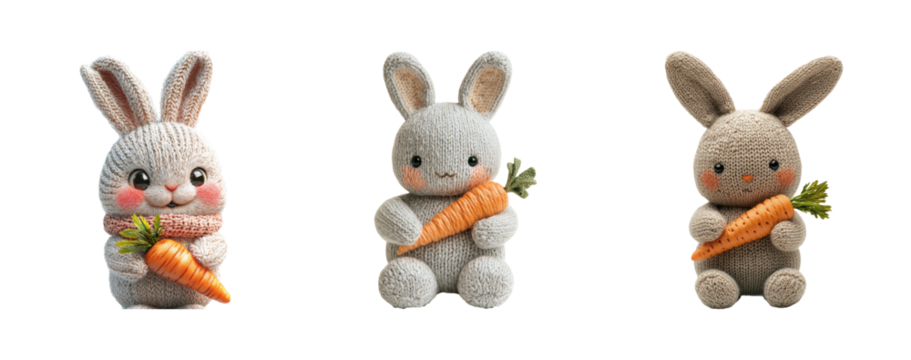 Adorable Bunny Characters with Carrots on Transparent Background