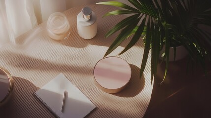 Serene Workspace with Skincare Products and Notebook