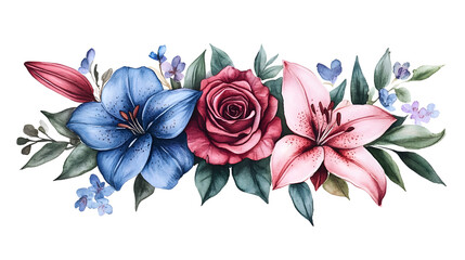 Obraz premium Vibrant Watercolor Floral Arrangement with Blue and Pink Flowers