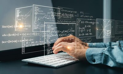 Person typing on keyboard with floating digital equations, software development - Powered by Adobe