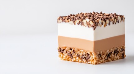 A layered dessert square with chocolate and caramel layers, topped with crunchy nuts, isolated on white background, and close-up composition.