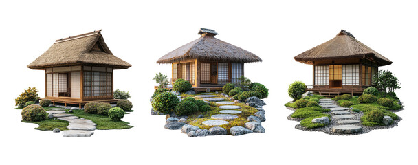 Japanese Traditional House with Garden and Pathway on Transparent Background