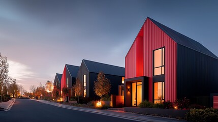 Modern Red And Black Houses In New Zealand Countryside At Dusk