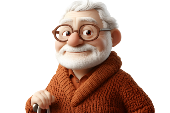 Whimsical elderly man with glasses and a cozy sweater smiling warmly - Powered by Adobe