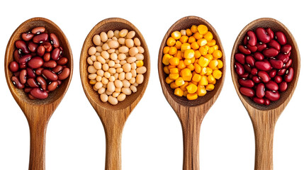 Colorful Variety of Legumes and Grains in Wooden Spoons
