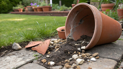 Broken Terracotta Pot in Garden A Photo of Damaged Pottery