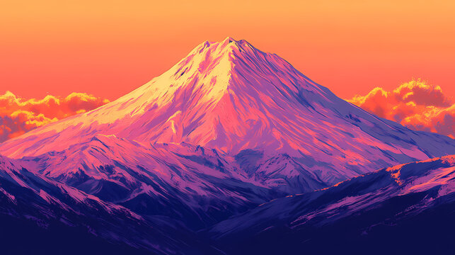 Majestic snow-capped peak at sunset, bathed in golden light. ideal for projects conveying achievement, aspiration, or spiritual themes. Divine Apex. Illustration
