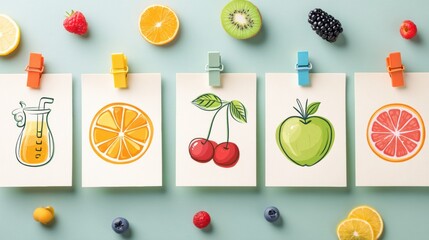 Colorful Health Tips List Displayed on a Pastel Board With Vibrant Fruit Stickers Promoting Healthy Eating Habits and Mindful Nutrition